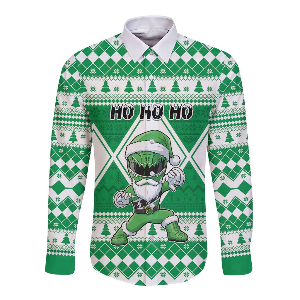 Personalized Power Green Ranger Santa Claus Long Sleeve Button Shirt Funny Christmas - Wonder Print Shop