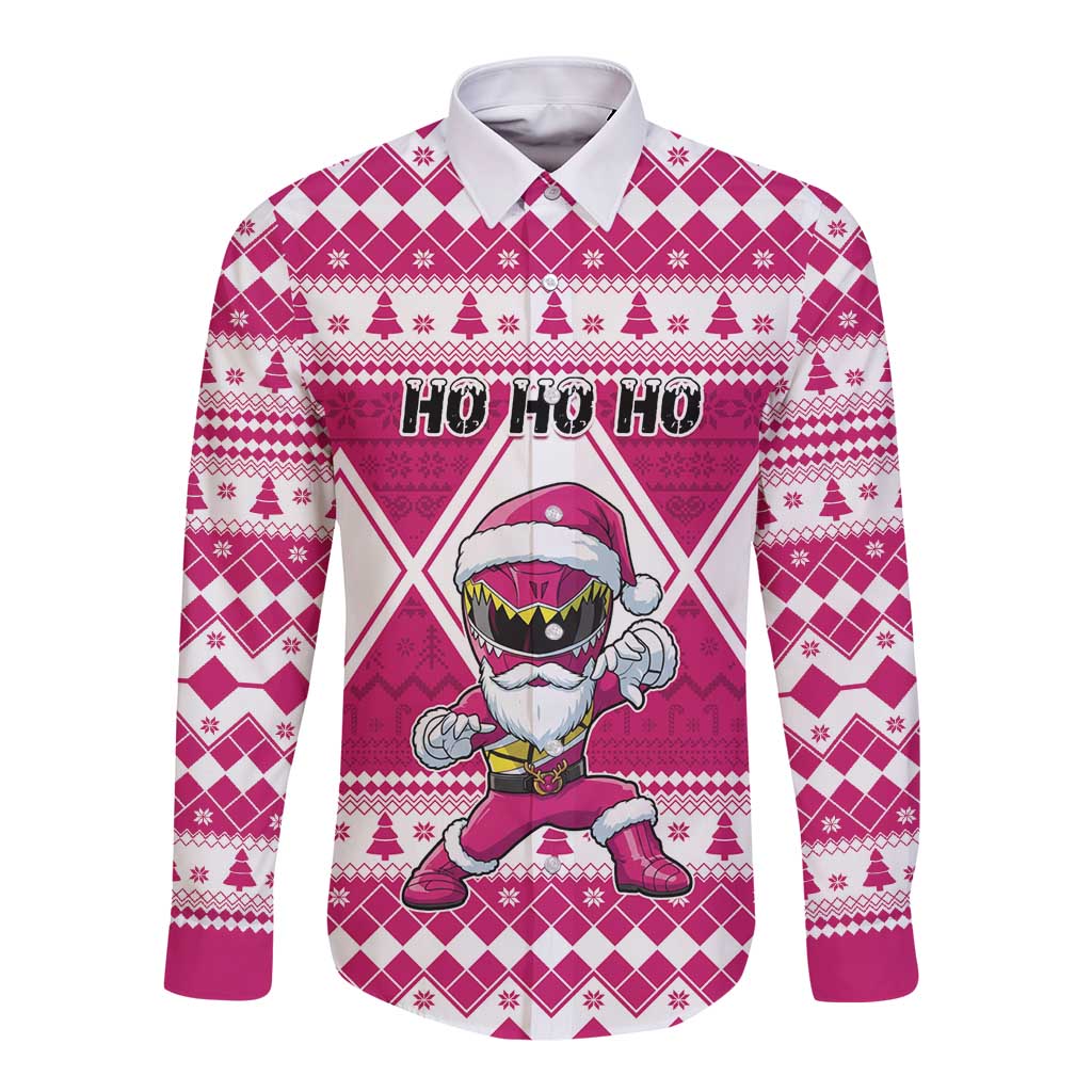 Personalized Power Pink Ranger Santa Claus Long Sleeve Button Shirt Funny Christmas - Wonder Print Shop