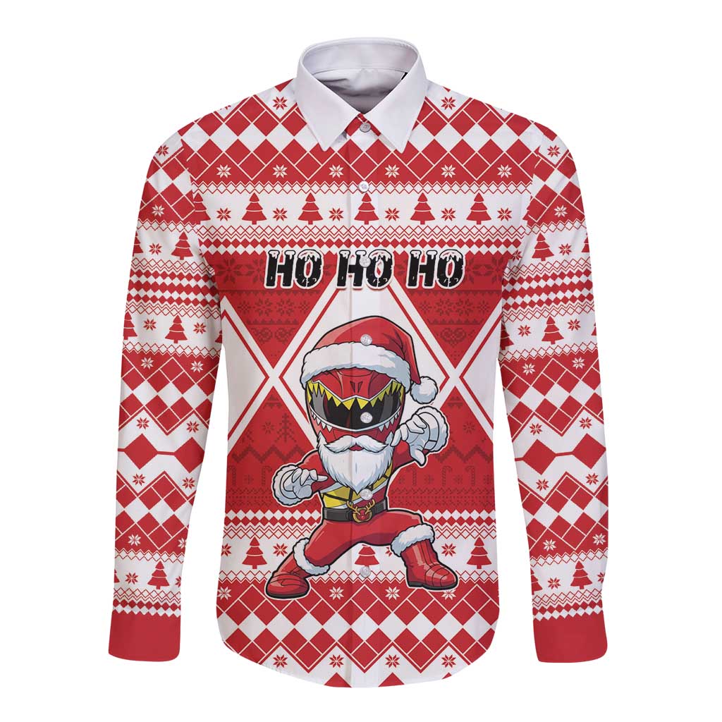 Personalized Power Red Ranger Santa Claus Long Sleeve Button Shirt Funny Christmas - Wonder Print Shop