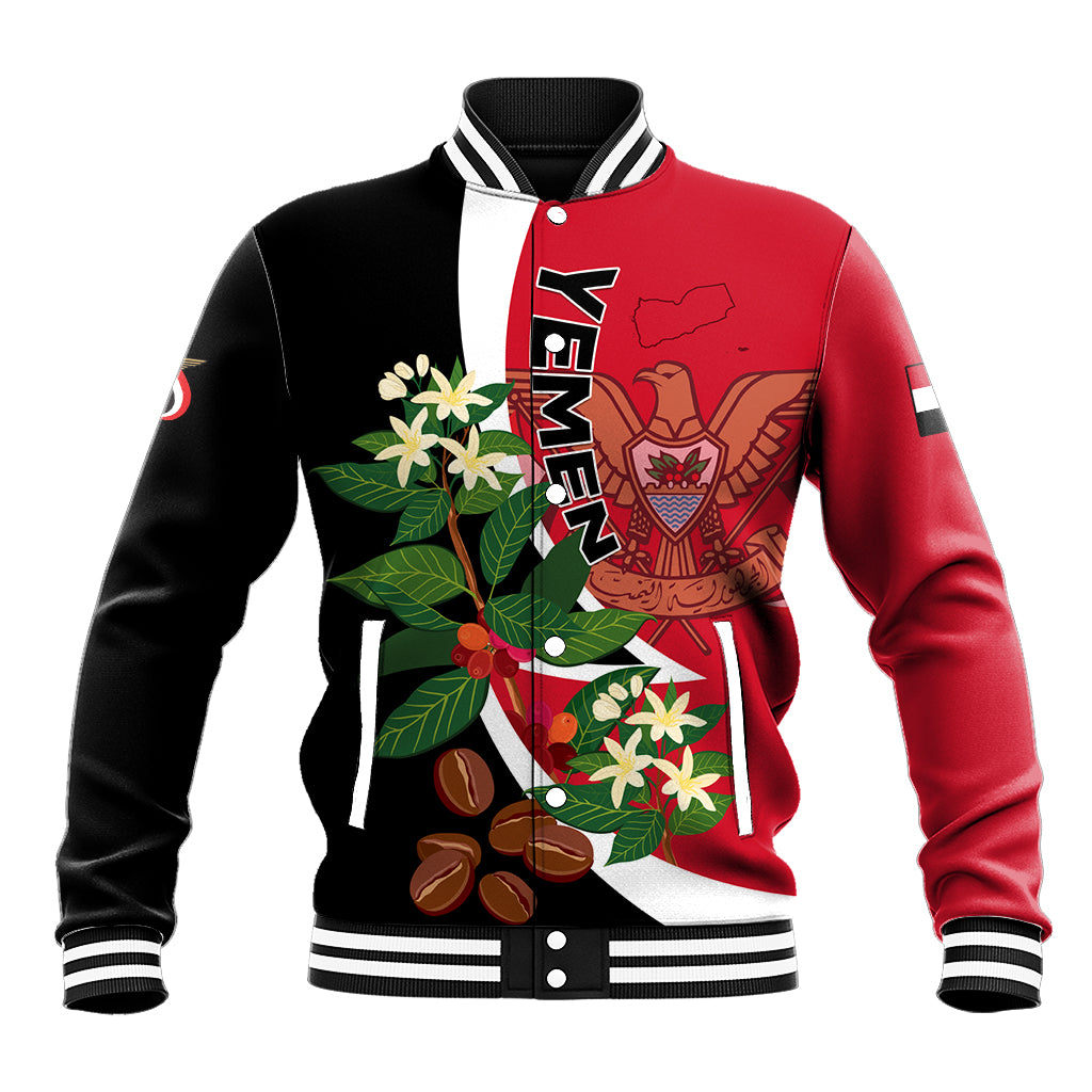 Red and black baseball jacket with white striped collar, front emblem and leaf graphic