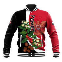 Red and black baseball jacket with white striped collar, front emblem and leaf graphic