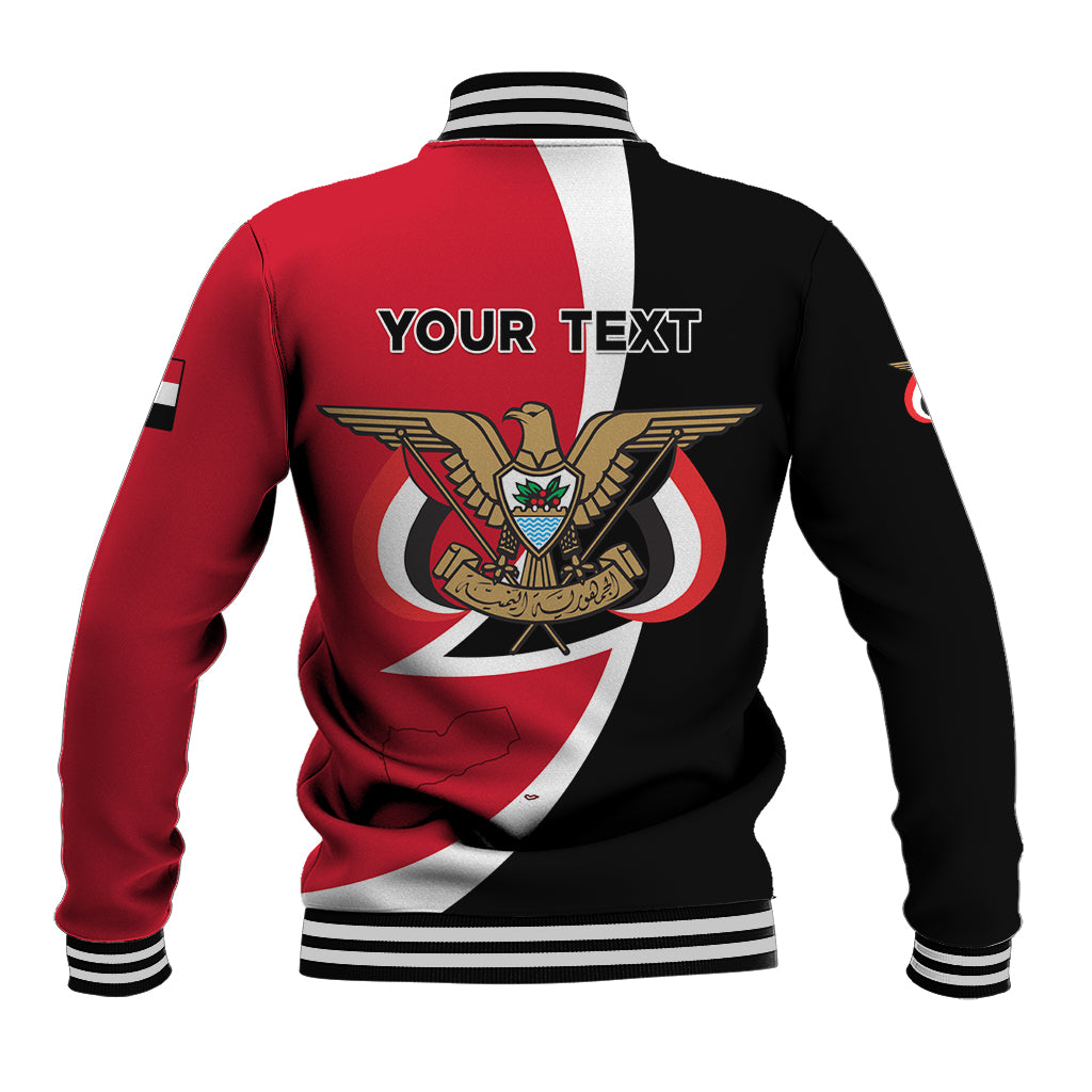 Red and black baseball jacket back with striped trim, eagle emblem and 'YOUR TEXT'