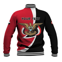 Red and black baseball jacket back with striped trim, eagle emblem and 'YOUR TEXT'