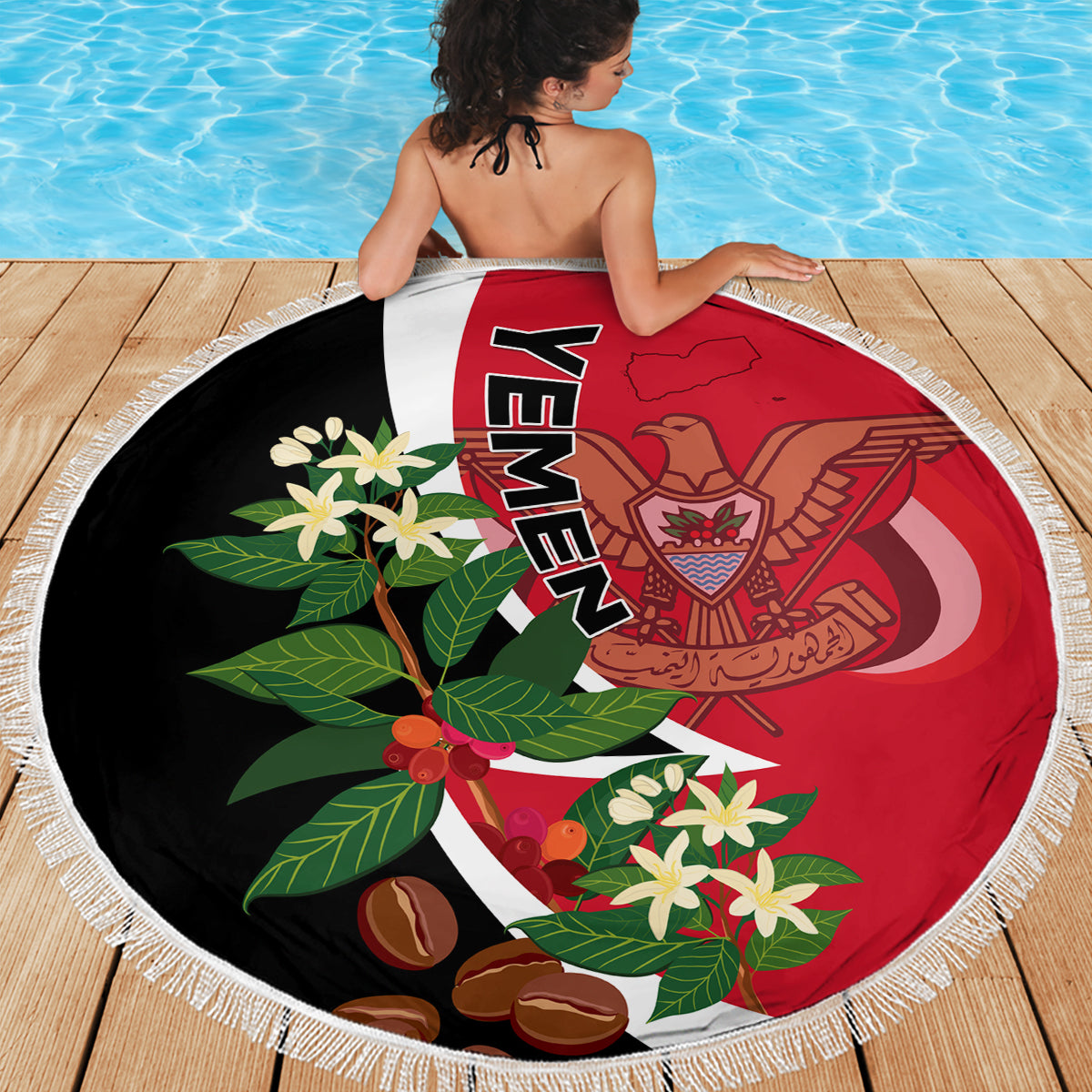 Round beach blanket on deck by pool, Yemen flag emblem black red white, fringed edge