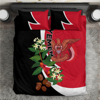 Yemen flag-style duvet bedding set with two red-and-black pillowcases, white emblem and flowers