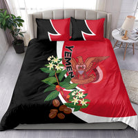 Red and black Yemen-themed bedding set with two square pillowcases and floral wreath graphics