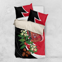 Yemen unification style bedding set on white bed: black red duvet with two coordinated pillowcases
