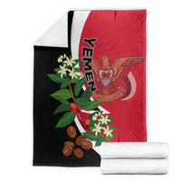 Flag-style Yemen blanket folded set: red and white center with black sides, crest graphics.