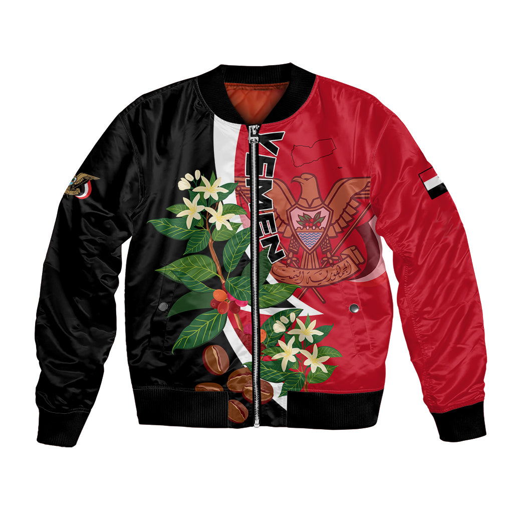 Two-tone red and black bomber jacket with front zipper and colorful unity graphic patch