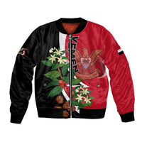 Two-tone red and black bomber jacket with front zipper and colorful unity graphic patch