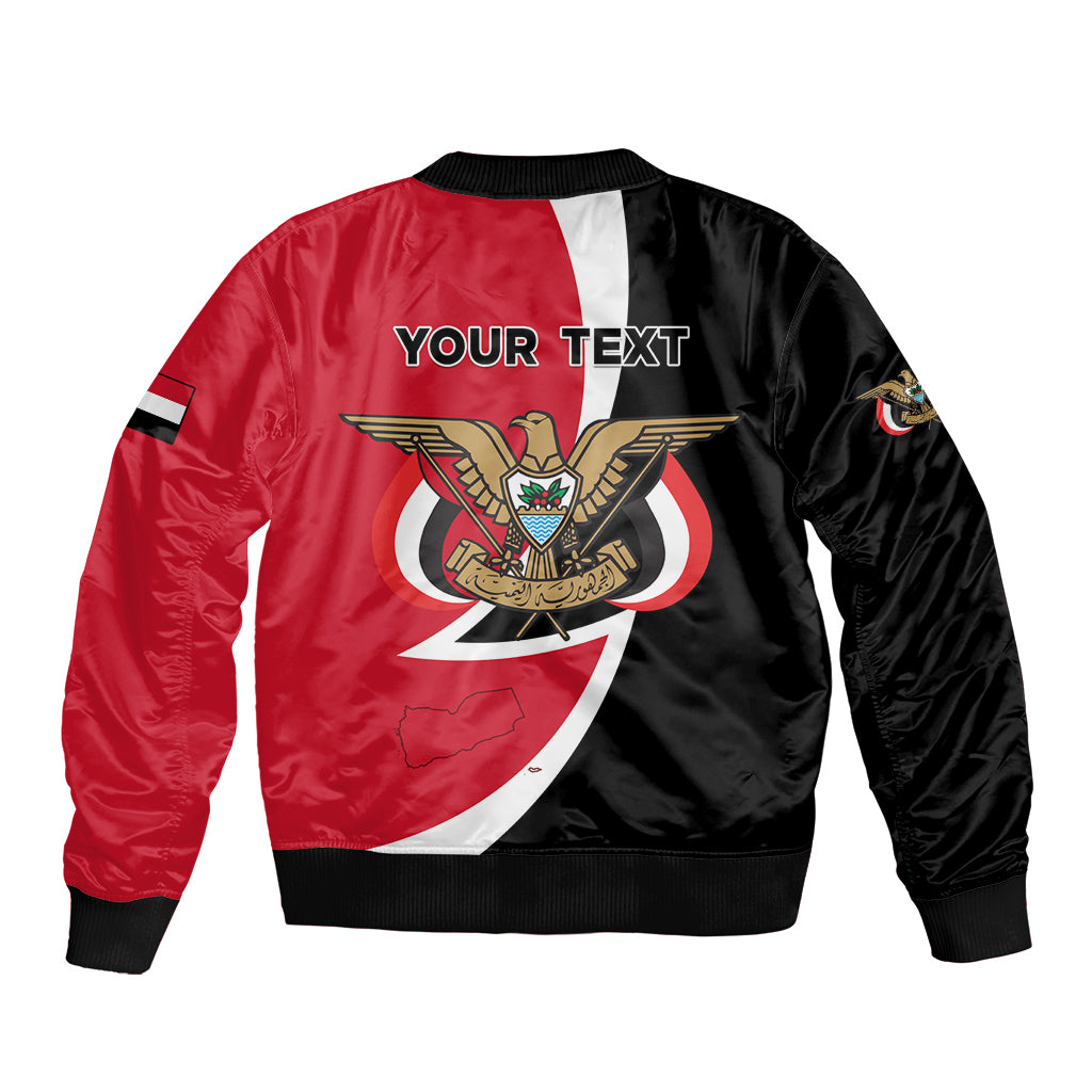 Red and black bomber jacket with ribbed collar and back eagle emblem with 'YOUR TEXT'