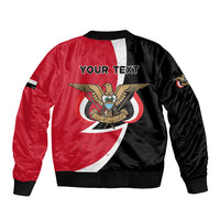 Red and black bomber jacket with ribbed collar and back eagle emblem with 'YOUR TEXT'