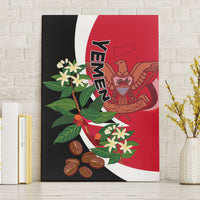 Framed canvas wall art with red flag design, emblem, flowers, and coffee beans