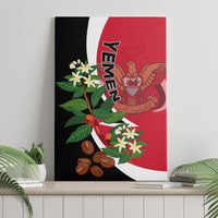 Framed canvas wall art featuring red flag-style design, emblem, flowers, and coffee beans
