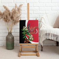 Canvas wall art on easel with red flag design, emblem, flowers, and coffee beans