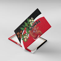 Canvas wall art print with red-and-black flag design, emblem, flowers, and coffee beans