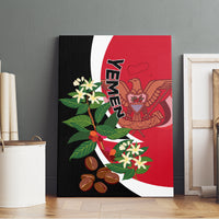 Framed canvas wall art showing red flag design, emblem, flowers, and coffee beans