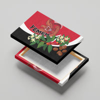 Canvas wall art displayed on stand with red flag design, emblem, flowers, and coffee beans