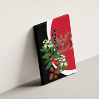 Framed canvas wall art on wall with red flag design, emblem, flowers, and coffee beans