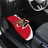 Car floor mat close-up: red black flag design with crest and YOUR TEXT