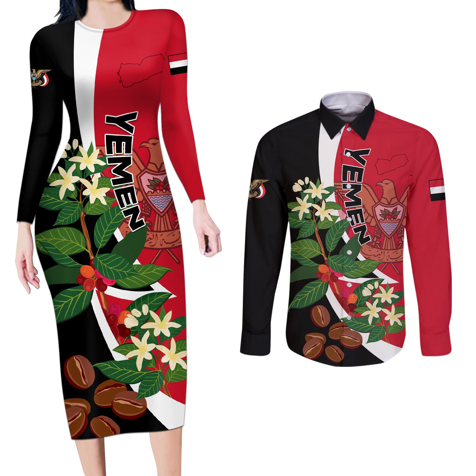 Yemen Unification Day 2024 Couples Matching Long Sleeve Bodycon Dress and Long Sleeve Button Shirt May 22 Unity Day Flag Style - Wonder Print Shop