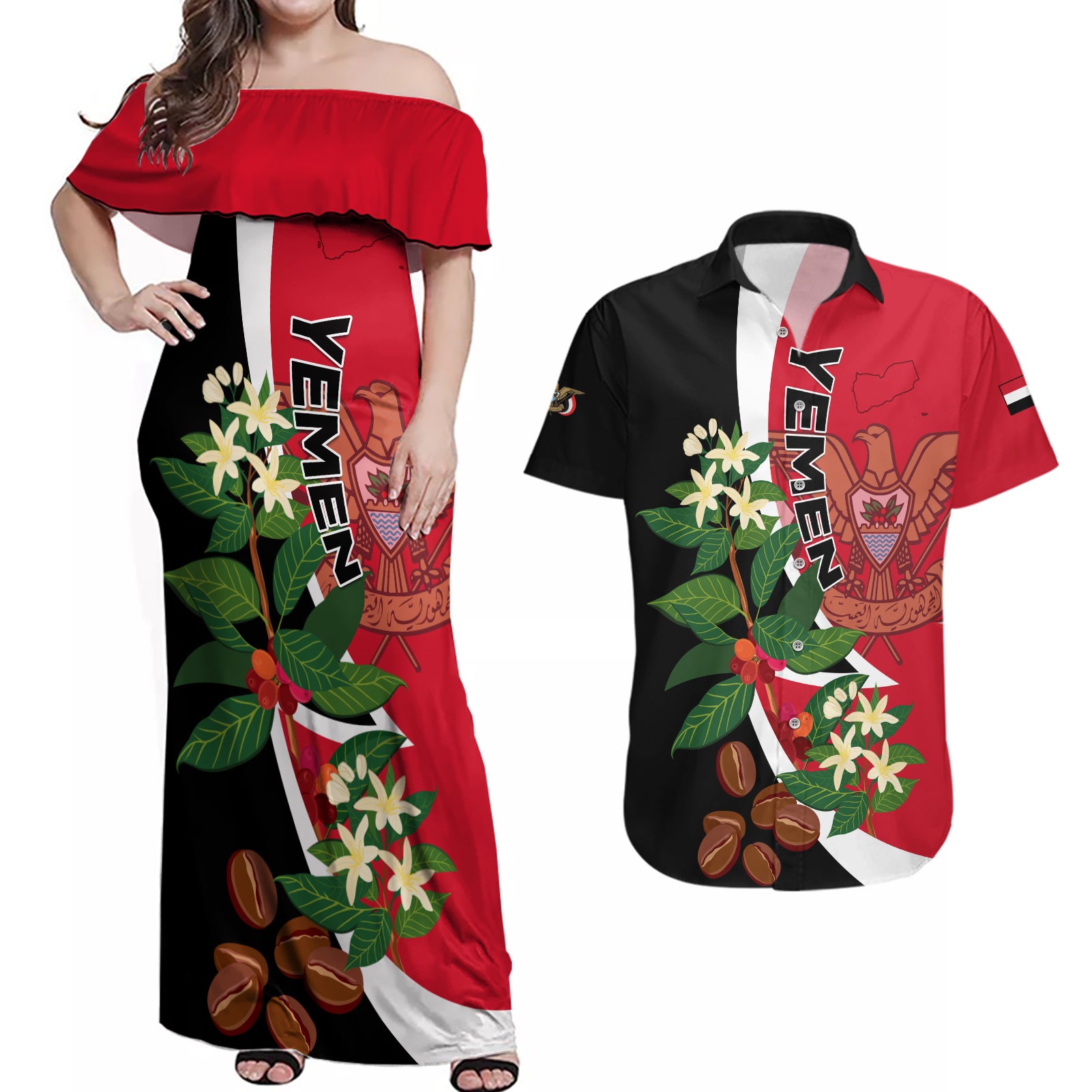 Yemen Unification Day 2024 Couples Matching Off Shoulder Maxi Dress and Hawaiian Shirt May 22 Unity Day Flag Style - Wonder Print Shop