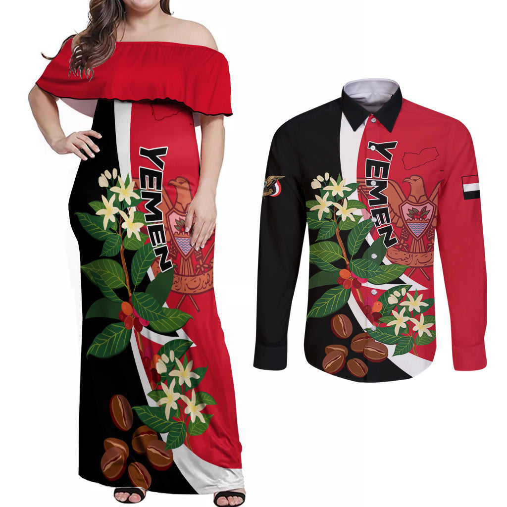 Yemen Unification Day 2024 Couples Matching Off Shoulder Maxi Dress and Long Sleeve Button Shirt May 22 Unity Day Flag Style - Wonder Print Shop