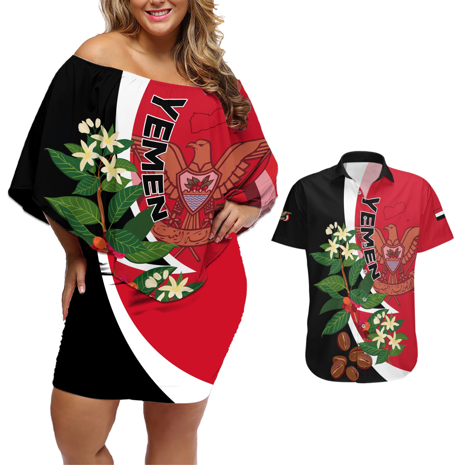 Yemen Unification Day 2024 Couples Matching Off Shoulder Short Dress and Hawaiian Shirt May 22 Unity Day Flag Style - Wonder Print Shop