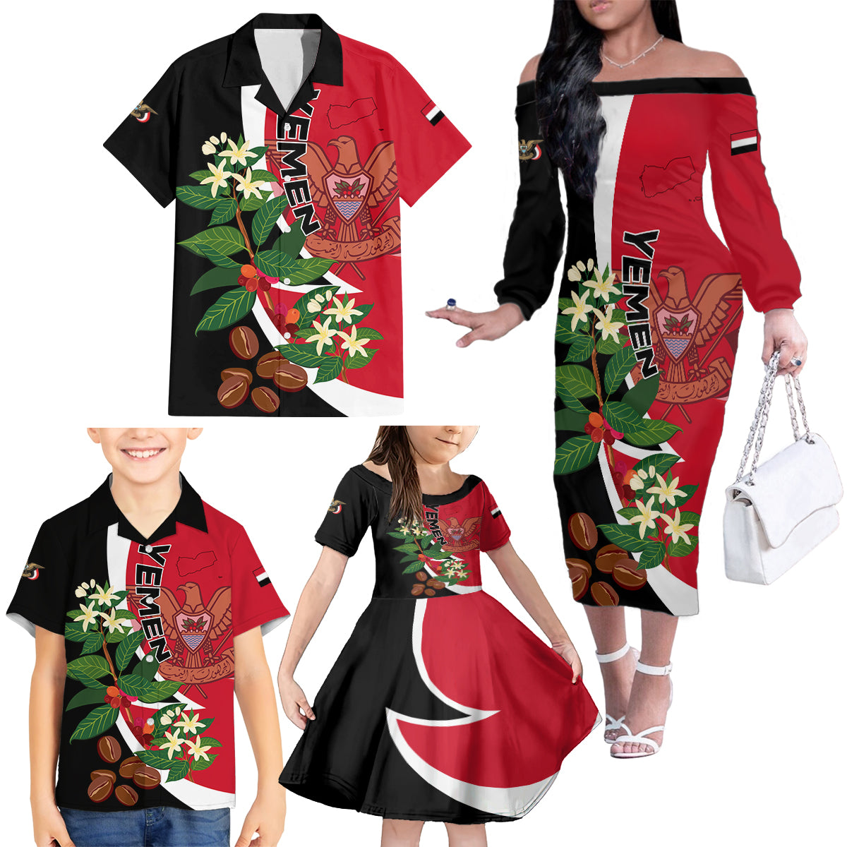 Yemen Unification Day 2024 Family Matching Off Shoulder Long Sleeve Dress and Hawaiian Shirt May 22 Unity Day Flag Style - Wonder Print Shop