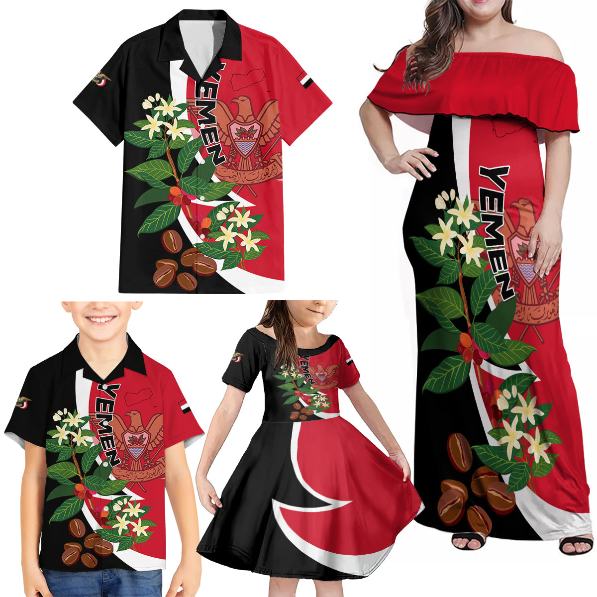 Yemen Unification Day 2024 Family Matching Off Shoulder Maxi Dress and Hawaiian Shirt May 22 Unity Day Flag Style - Wonder Print Shop