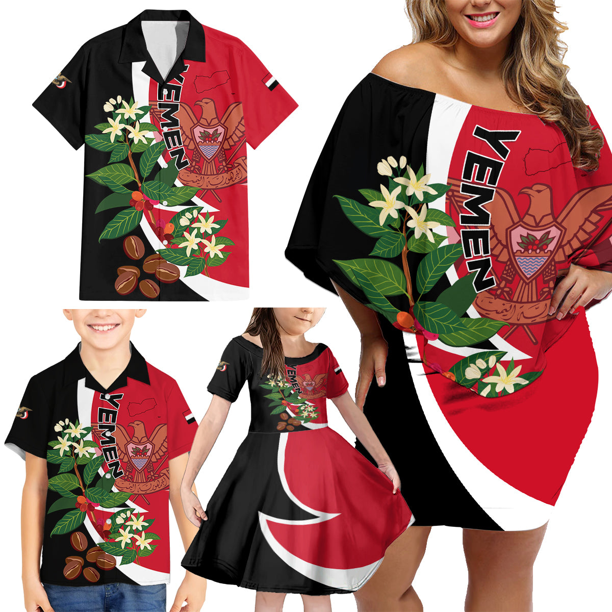 Yemen Unification Day 2024 Family Matching Off Shoulder Short Dress and Hawaiian Shirt May 22 Unity Day Flag Style - Wonder Print Shop