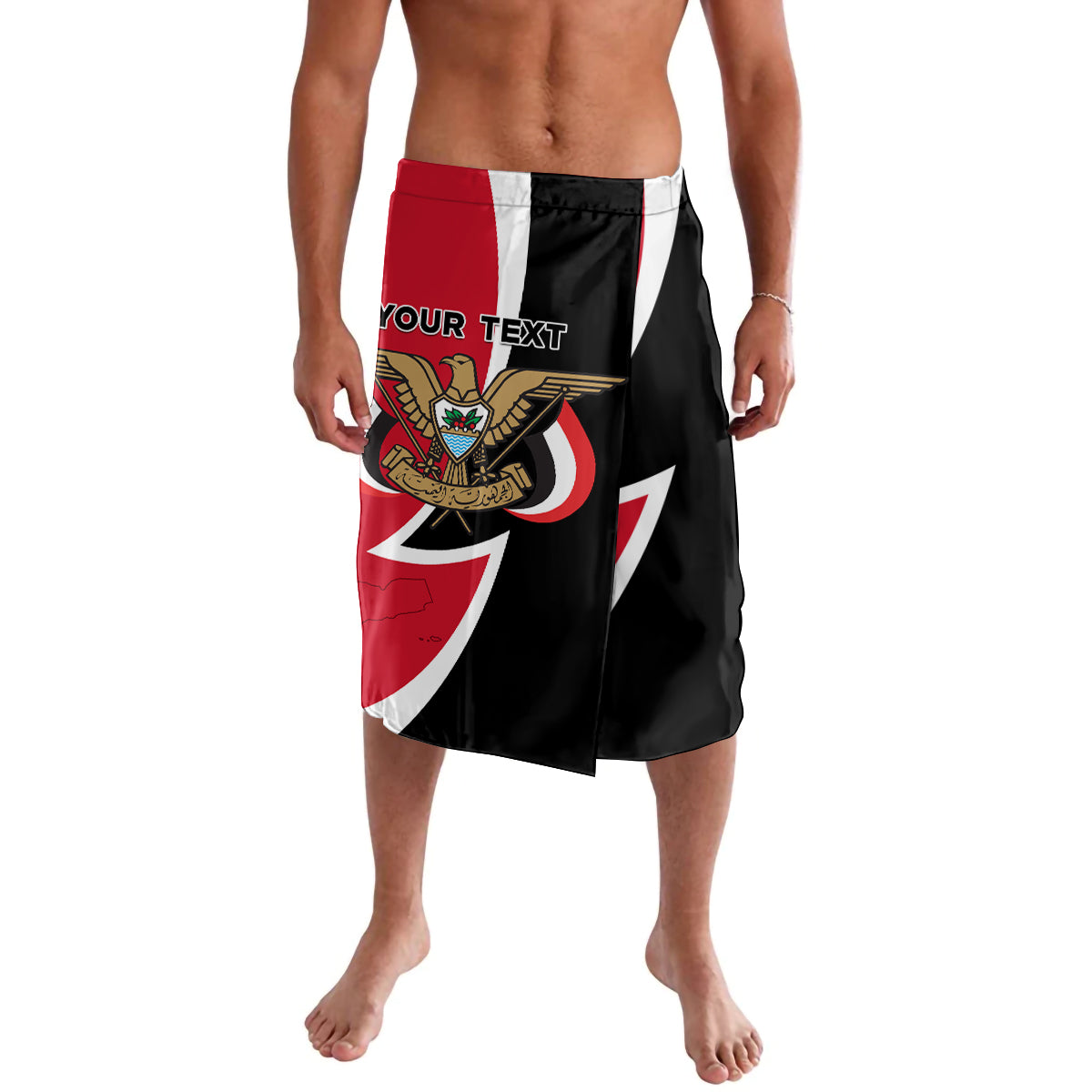 Mens flag-style lavalava shorts, black with red and white diagonal stripes, elastic waistband