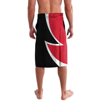 Mens flag-style lavalava shorts, side view; black, red, and white diagonal graphic, elastic waist