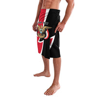 Mens flag-style lavalava shorts, front 3/4 view; black with red and white graphic and elastic waist