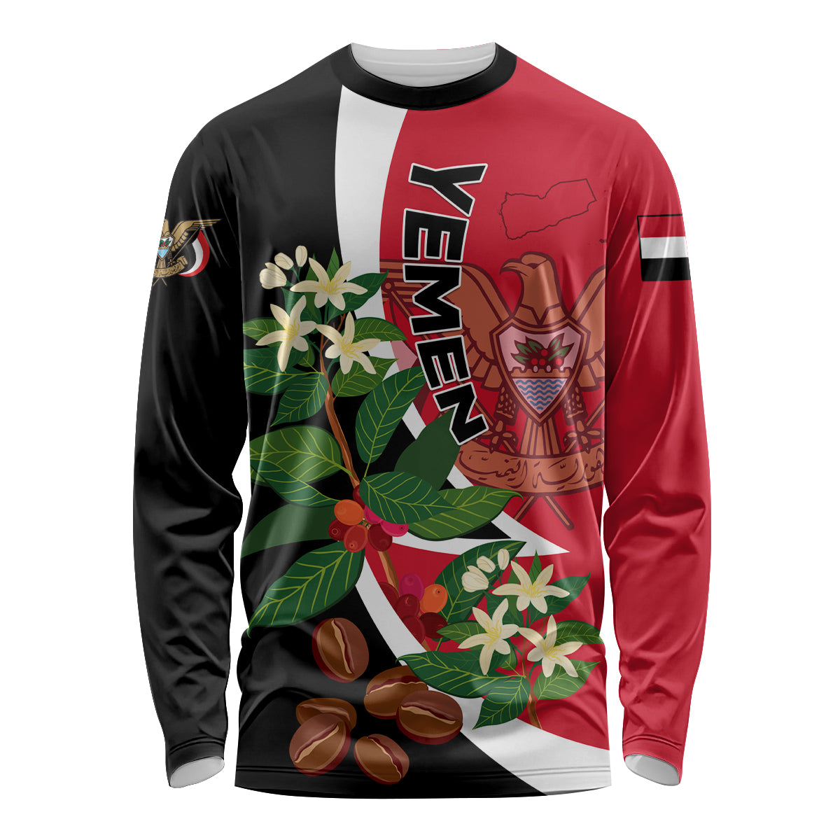 Unisex red/black long-sleeve shirt with Yemen emblem Unity Day graphic (front)