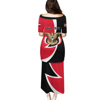 Red and black long dress, back print with emblem and customizable text
