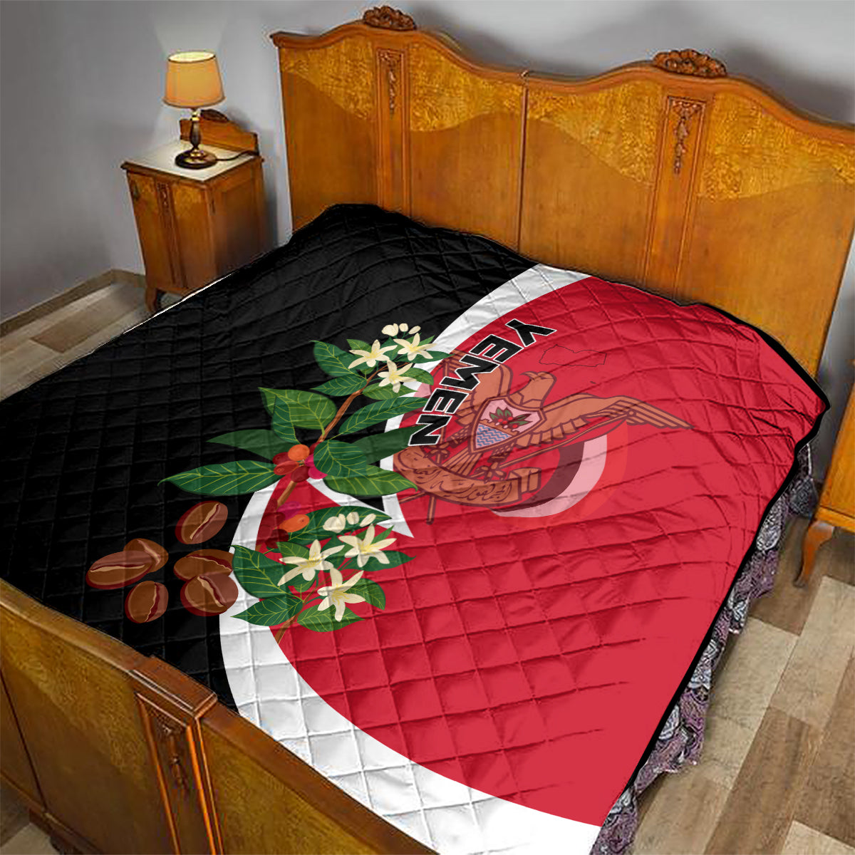 Yemen Unification Day 2024 quilt on bed, red and black with white band and emblem graphic