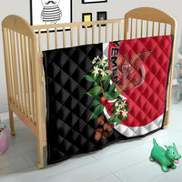Yemen Unification Day 2024 quilt on crib, red and black with white band and quilted diamonds