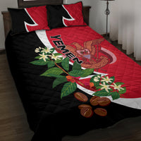 Red and black quilt bed set on bed with pillows, Yemen flag emblem and flower print
