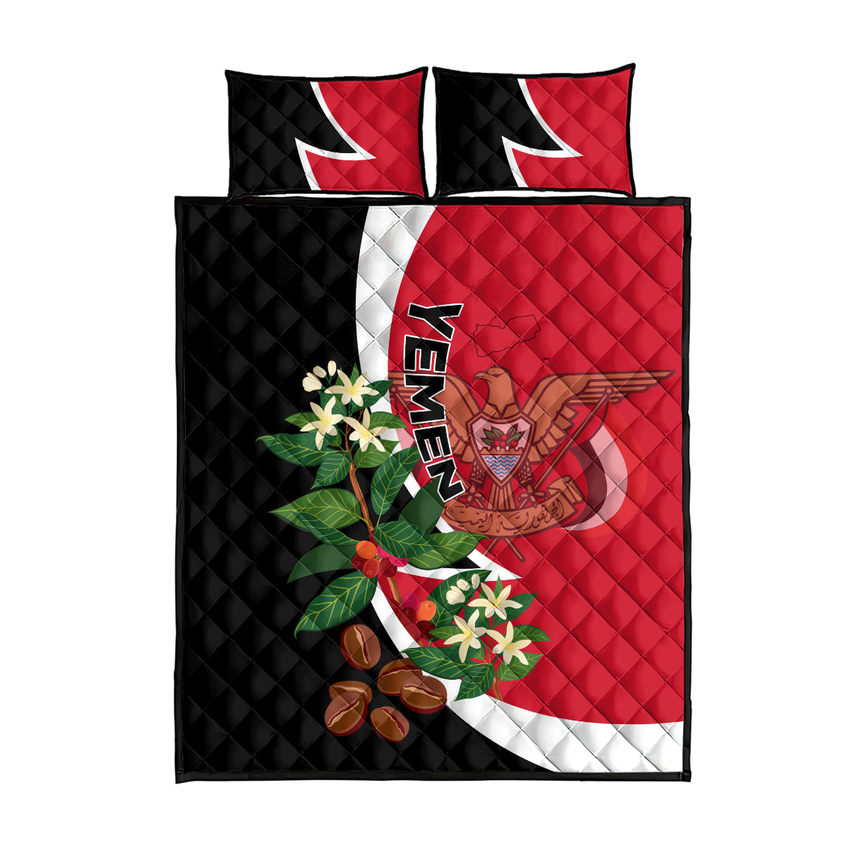Red and black quilt bed set with two pillows, Yemen flag graphic and floral design