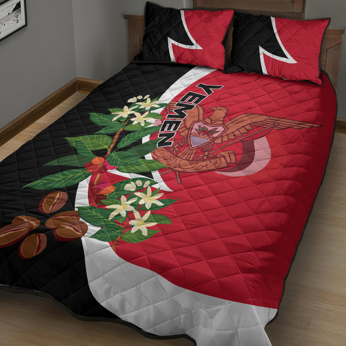Red and black quilt bed set with Yemen flag emblem, floral corner art, and text