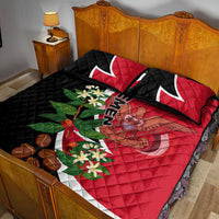 Red and black quilt bed set with Yemen flag graphic and diagonal text plus floral motif