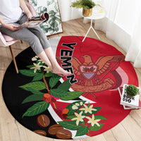 Round carpet with red and black Yemen unification emblem, bold vertical YEMEN text