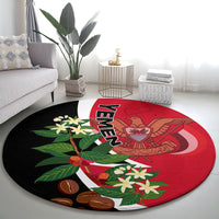 Round carpet with red and black Yemen unification emblem, floral leaves and YEMEN text