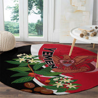 Round carpet with red and black Yemen unification graphic, white stripe and YEMEN text