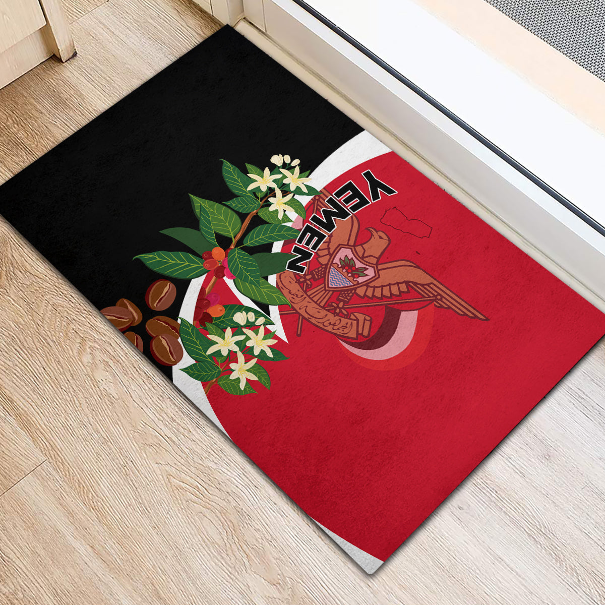 Red and black Yemen Unity Day rubber doormat with flag-style emblem and bouquet graphics