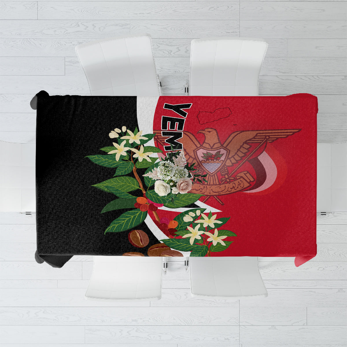 Red and black tablecloth with Yemen-style crest, floral accents, and diagonal white stripe.