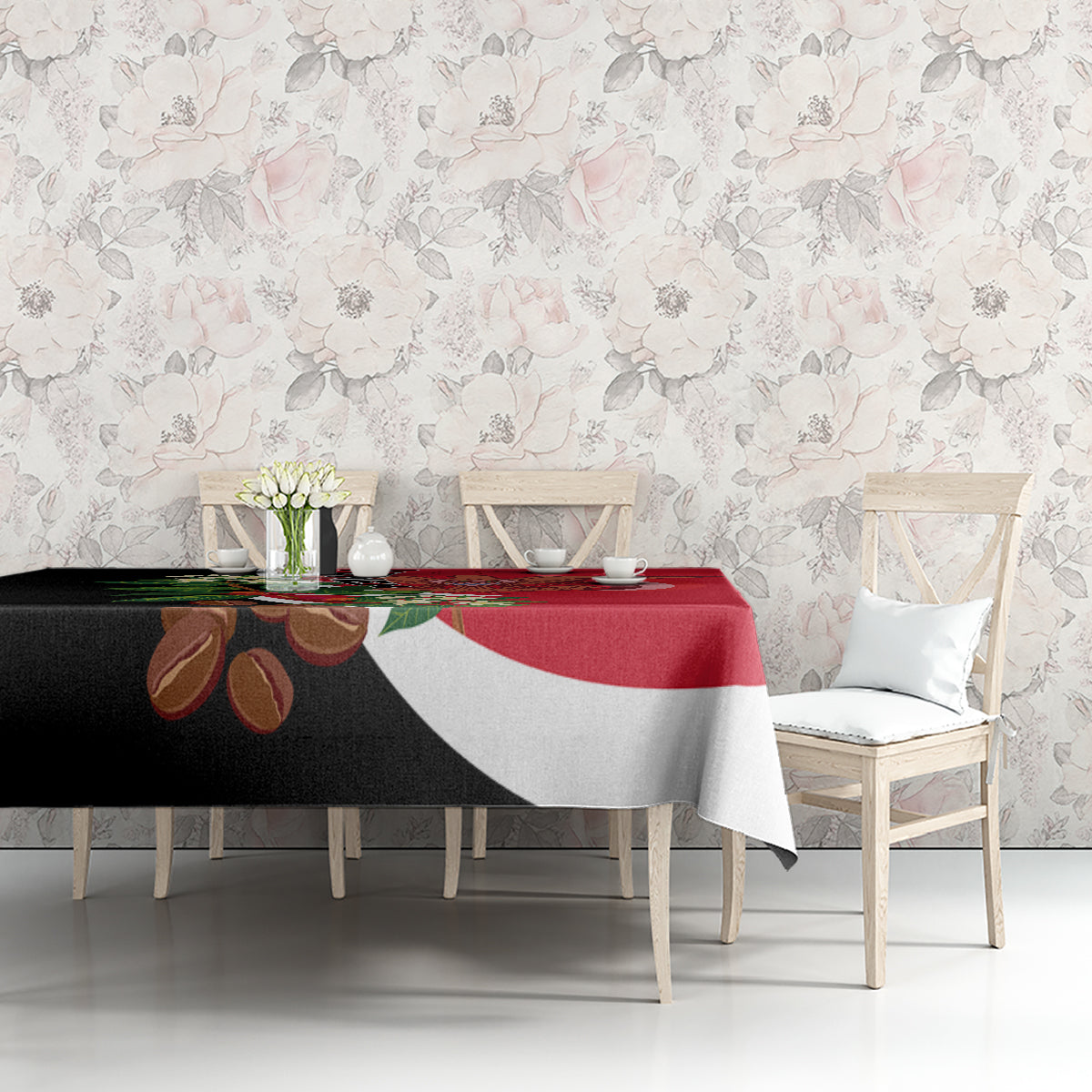 Red and black tablecloth featuring a central Yemen-style crest with floral details.