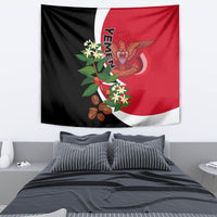 Yemen flag-style wall tapestry, red, white and black with emblem and flower design