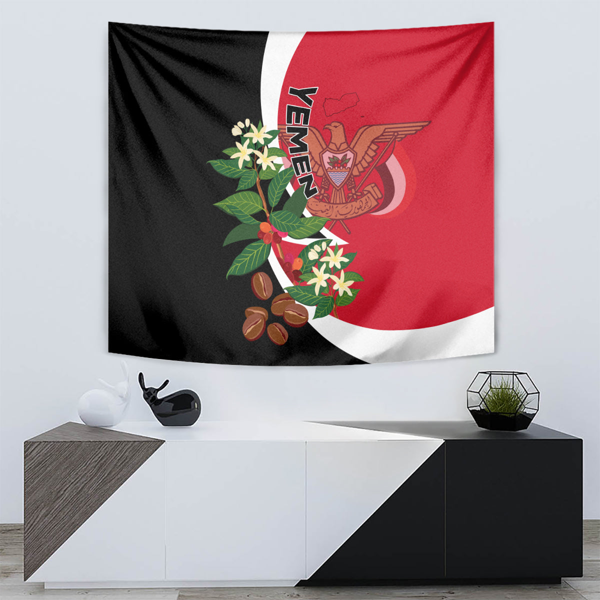 Yemen flag-style tapestry with central winged emblem and floral wreath on red/black/white